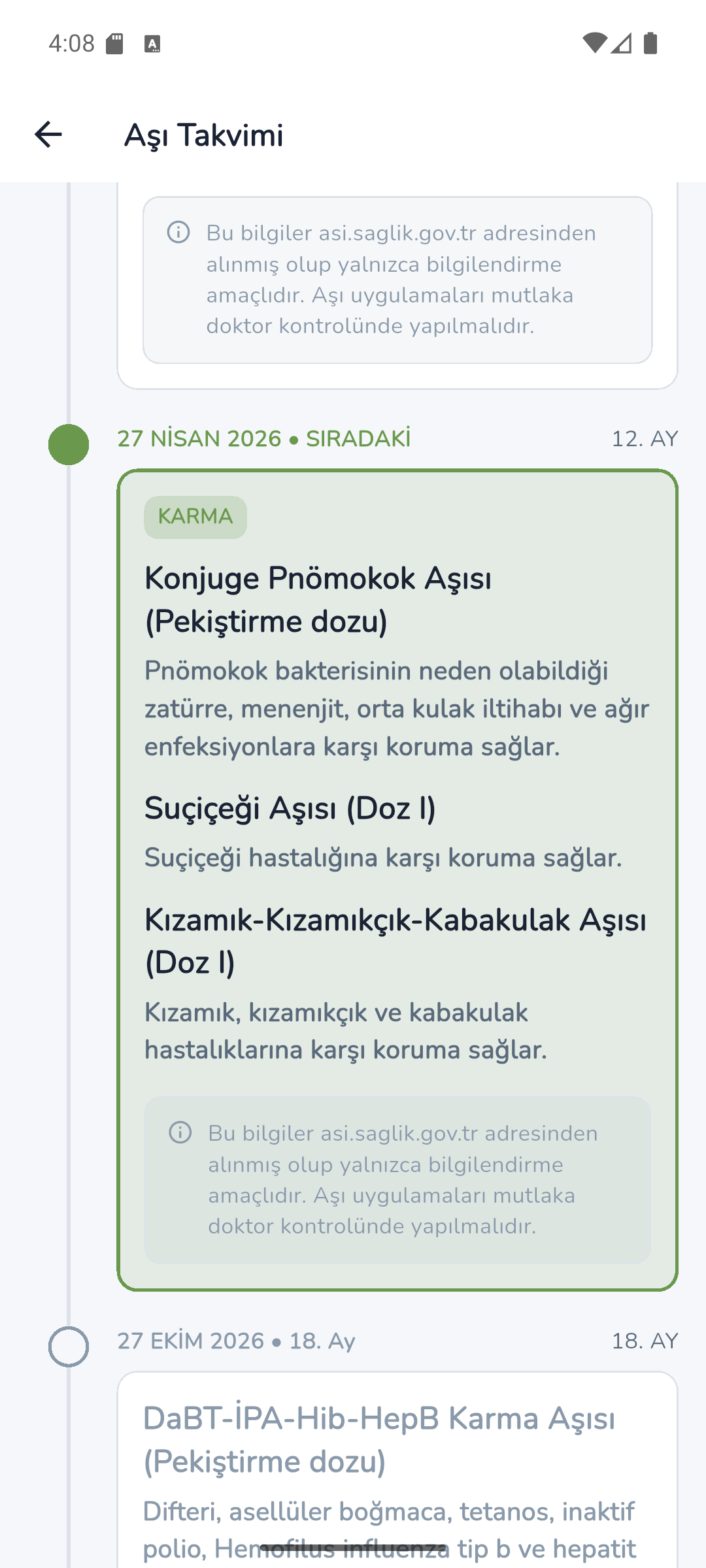 Ebeveyn uygulaması aşı takvimi ekran görüntüsü