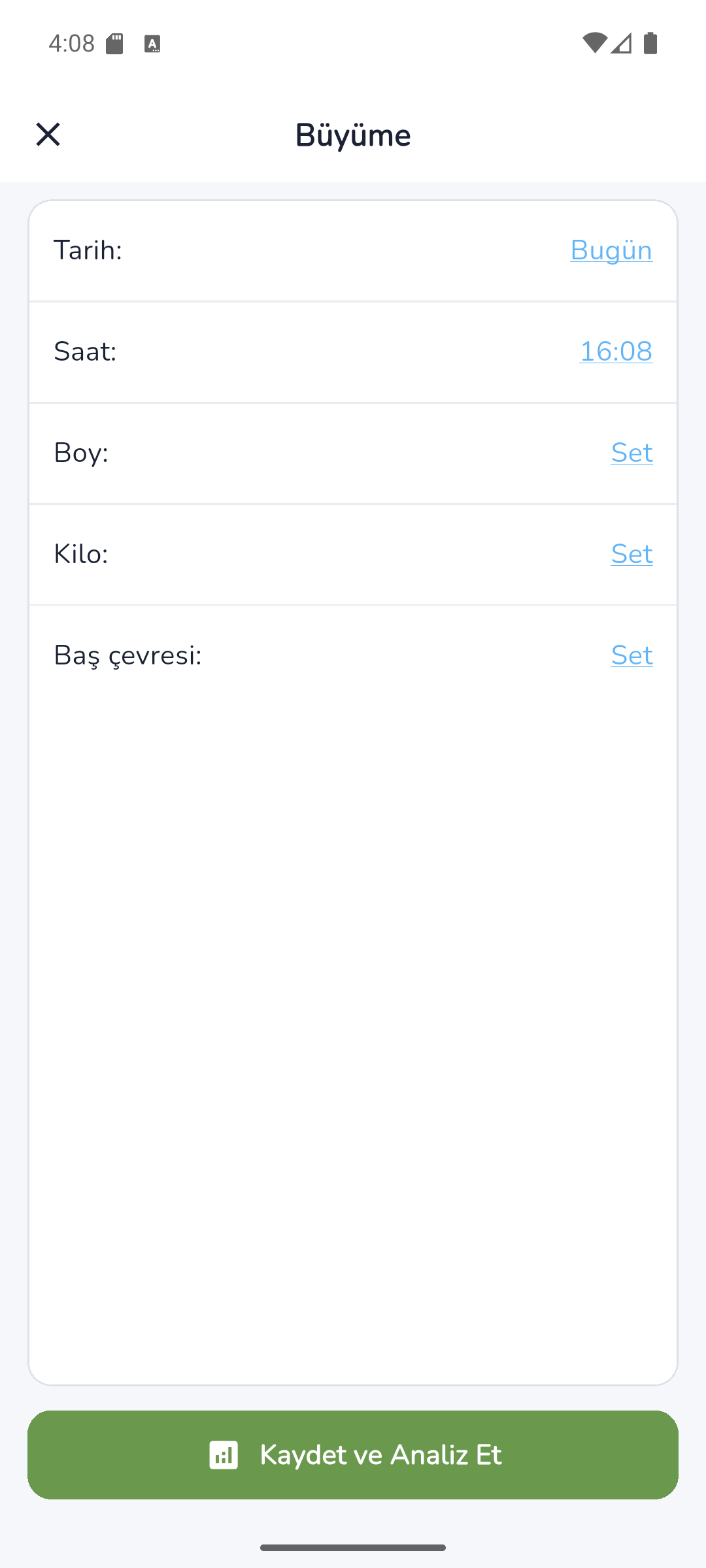 Ebeveyn uygulaması büyüme takibi ekranı