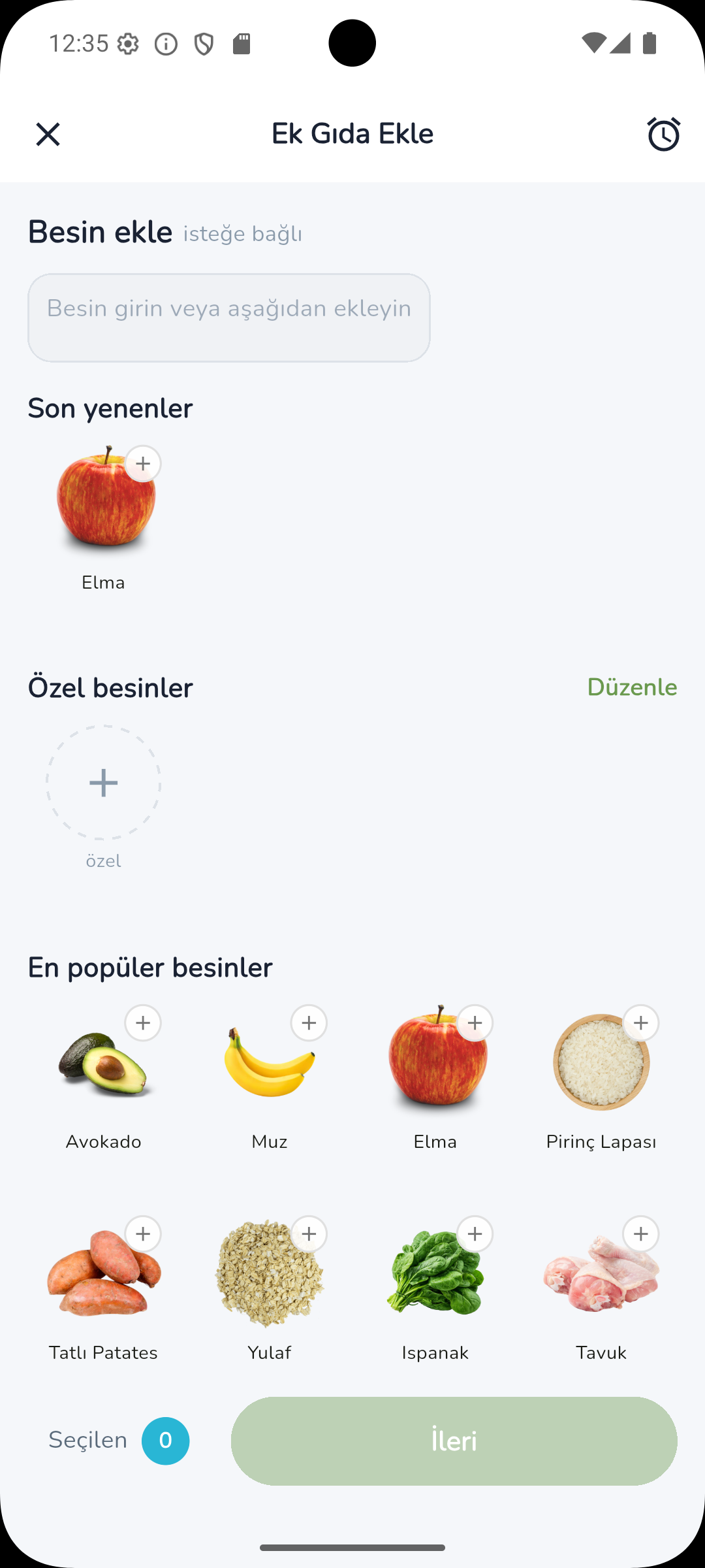 Ebeveyn uygulaması ek gıda ana ekranı