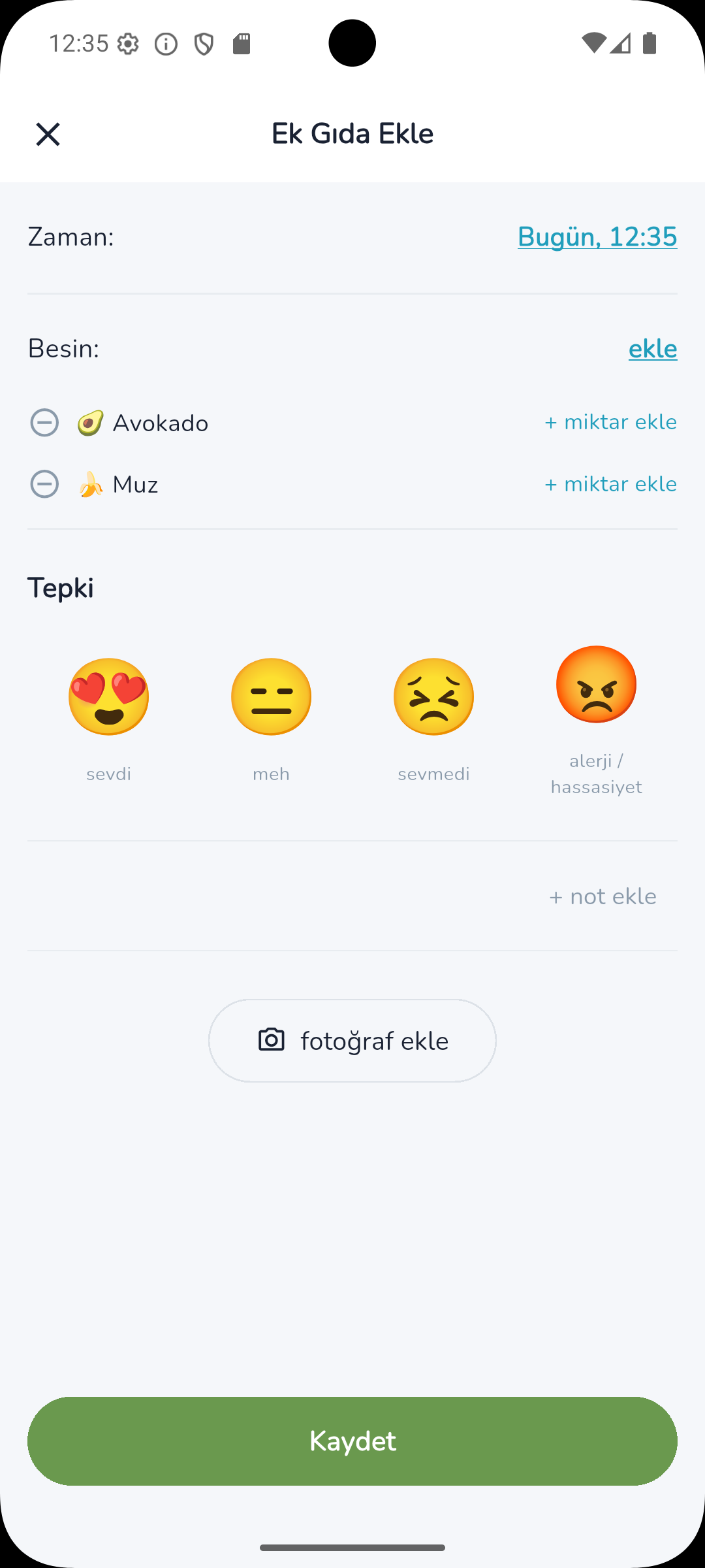 Ebeveyn uygulaması ek gıda detay ekranı