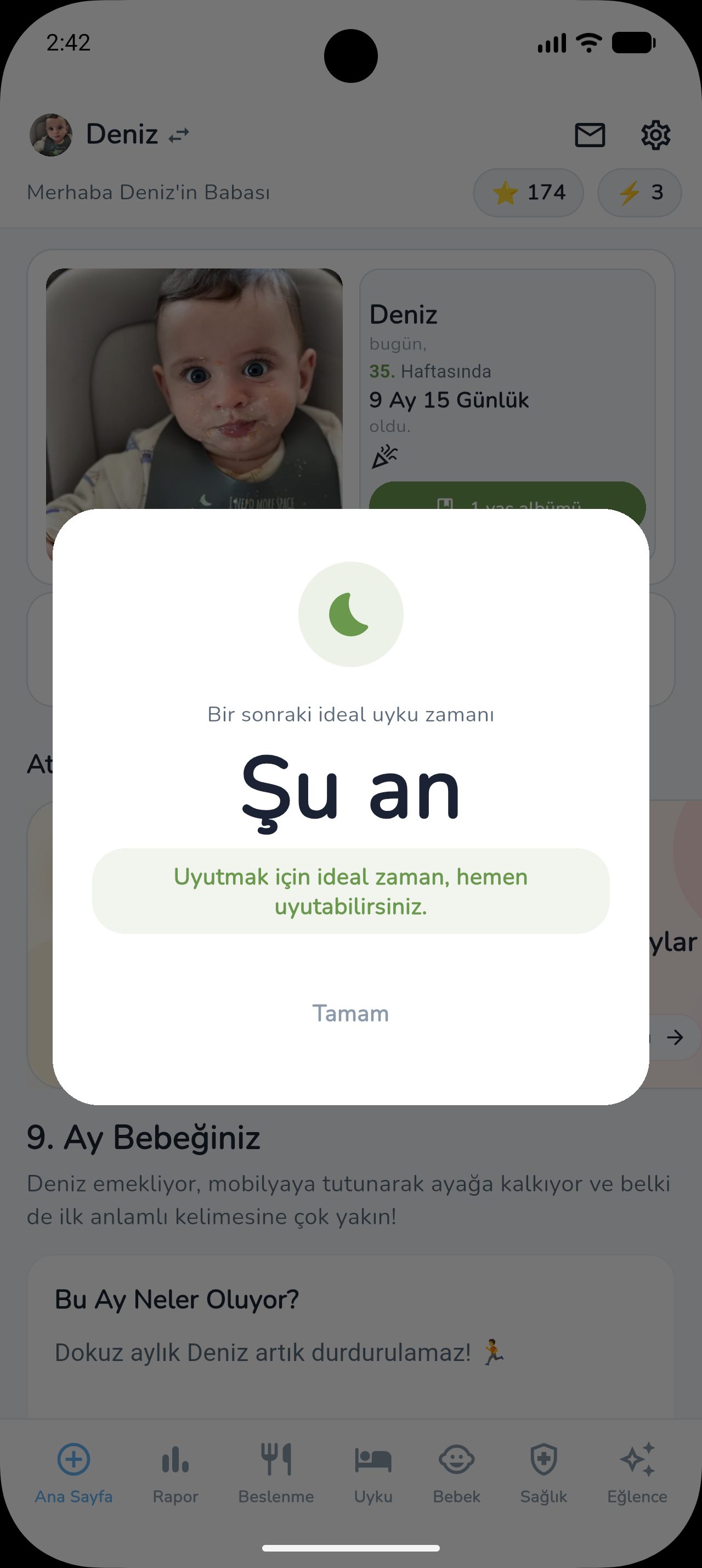 İdeal uyku zamanı sonuç ekranı