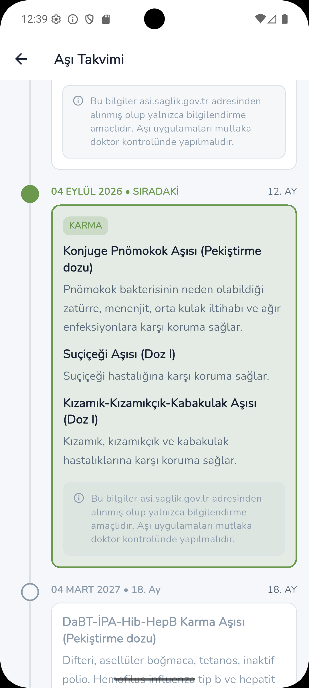 Ebeveyn uygulaması aşı takvimi ekranı