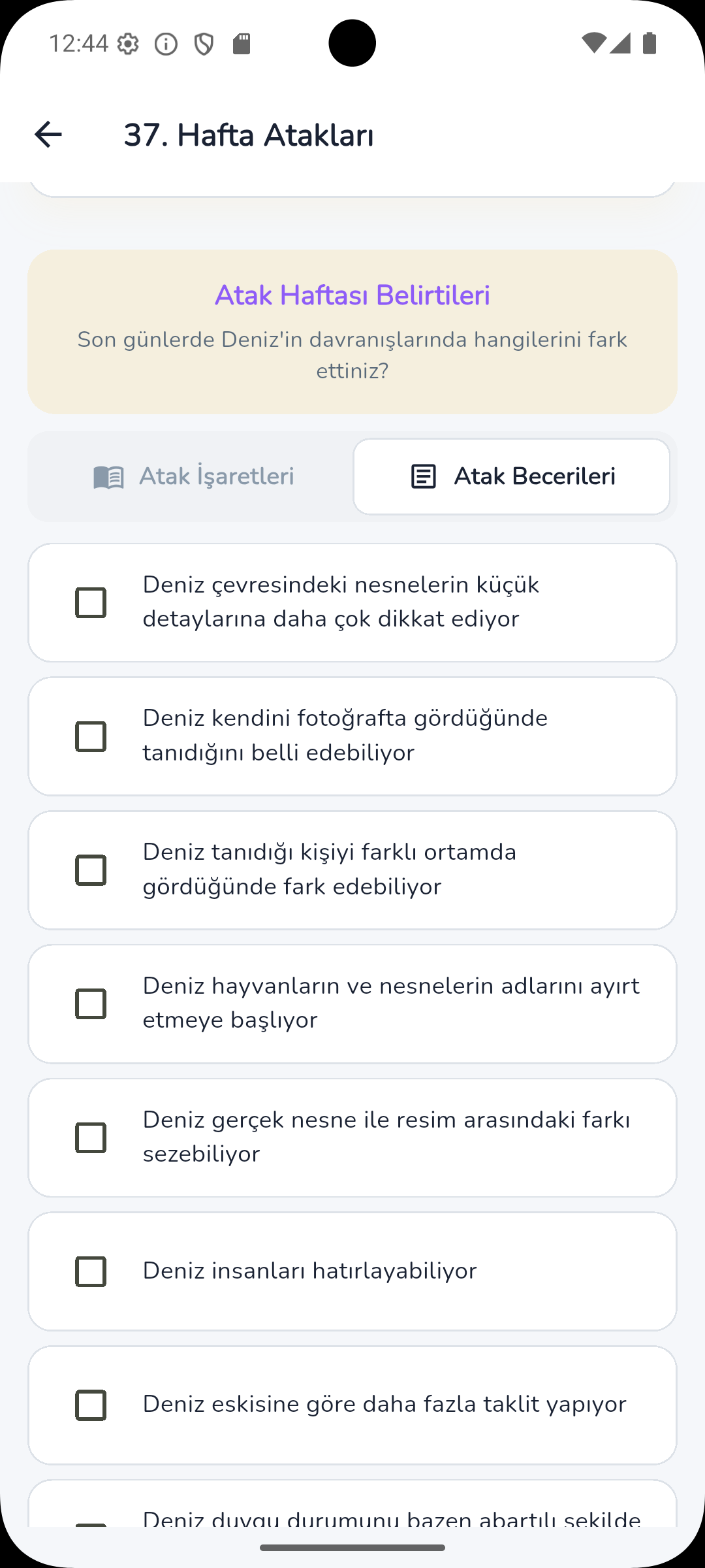 Ebeveyn uygulaması atak haftası beceriler ekranı
