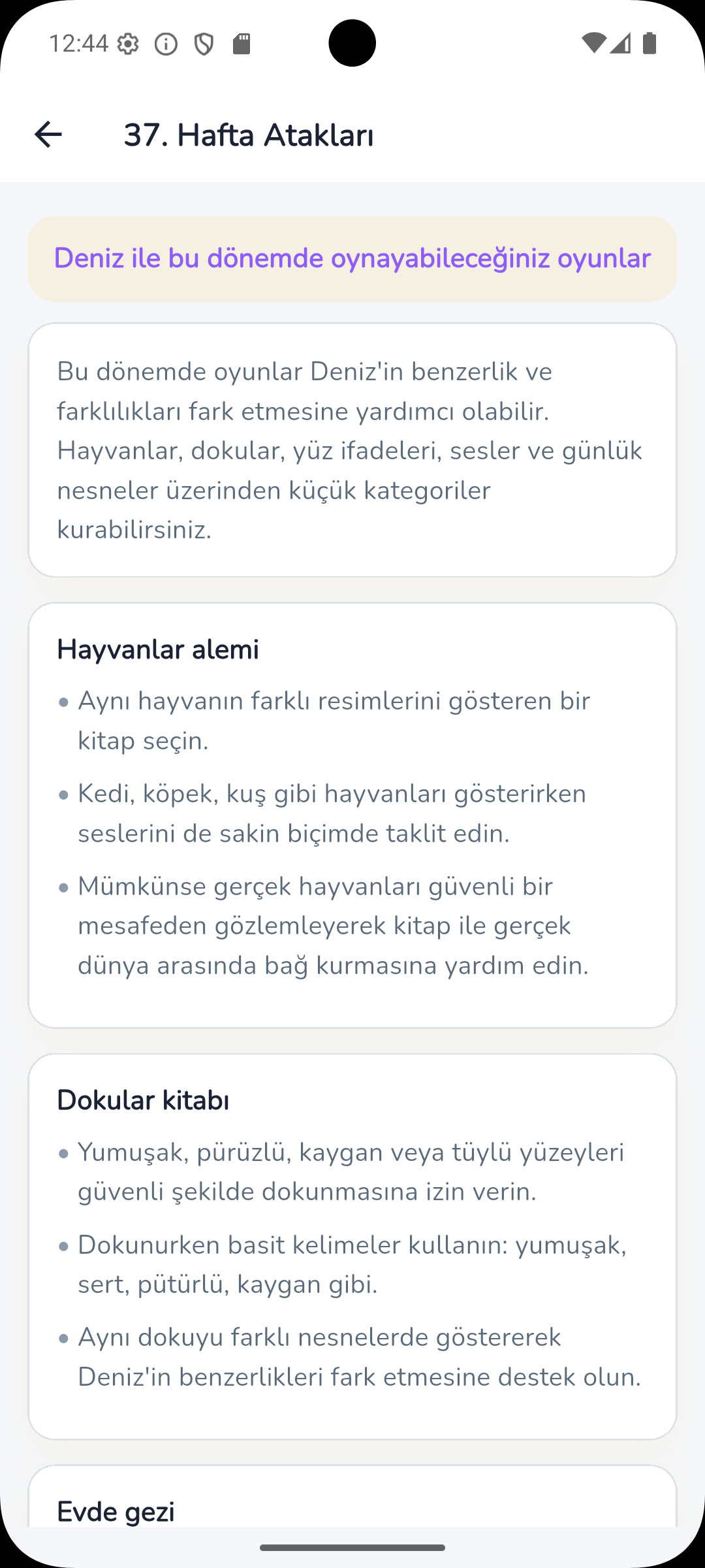 Ebeveyn uygulaması atak haftası öneriler ekranı