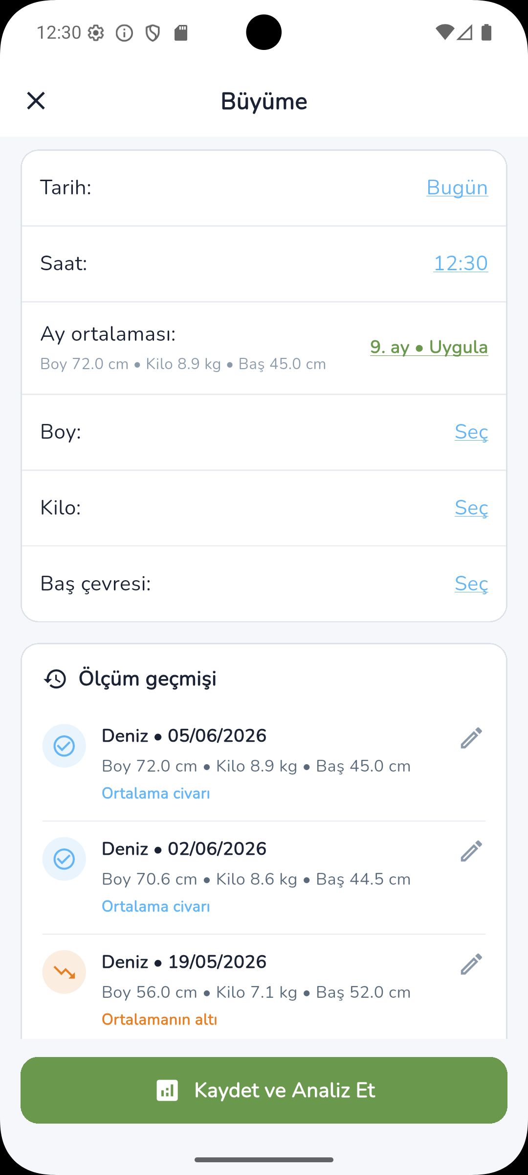 Ebeveyn uygulaması büyüme takibi ana ekranı