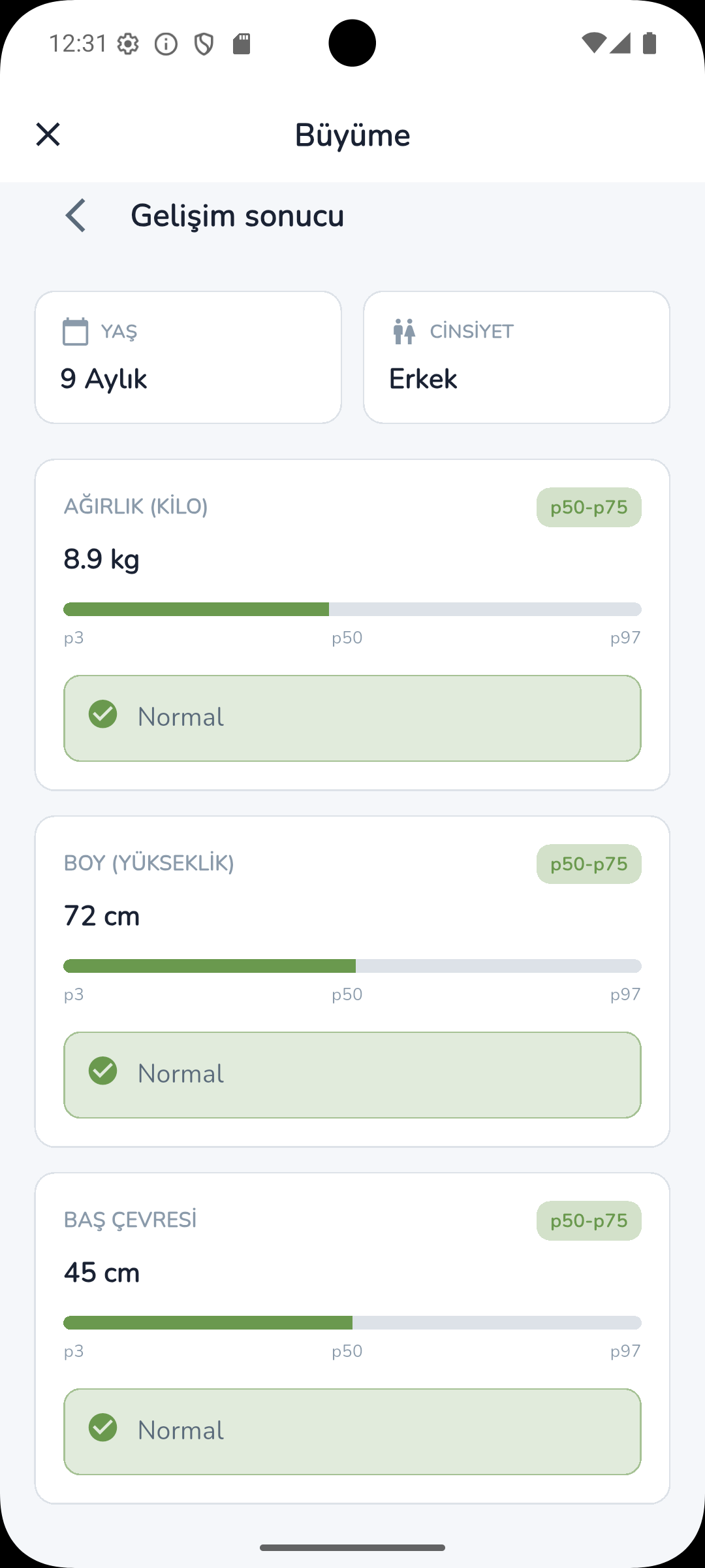 Ebeveyn uygulaması büyüme grafiği ekranı