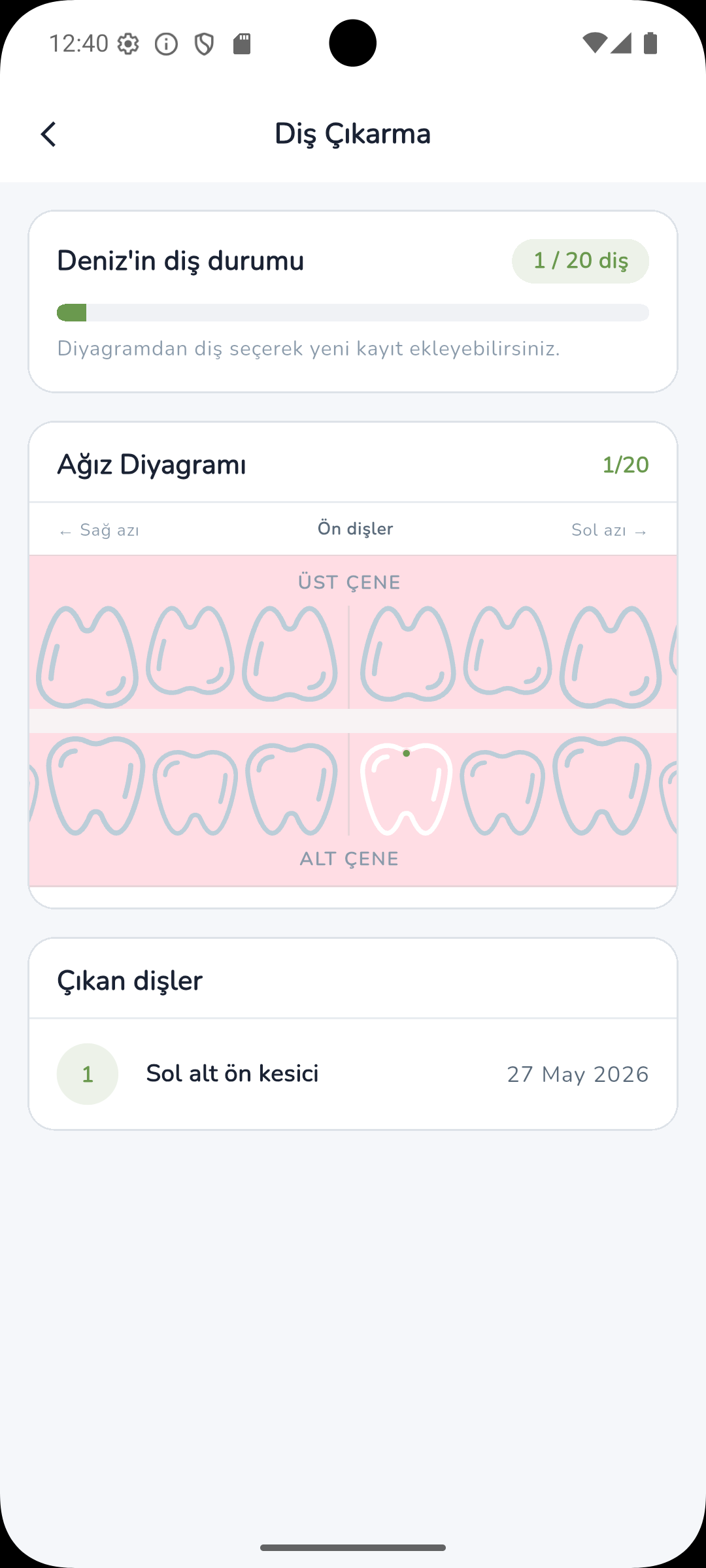 Ebeveyn uygulaması diş çıkarma takip ekranı — interaktif çene haritası