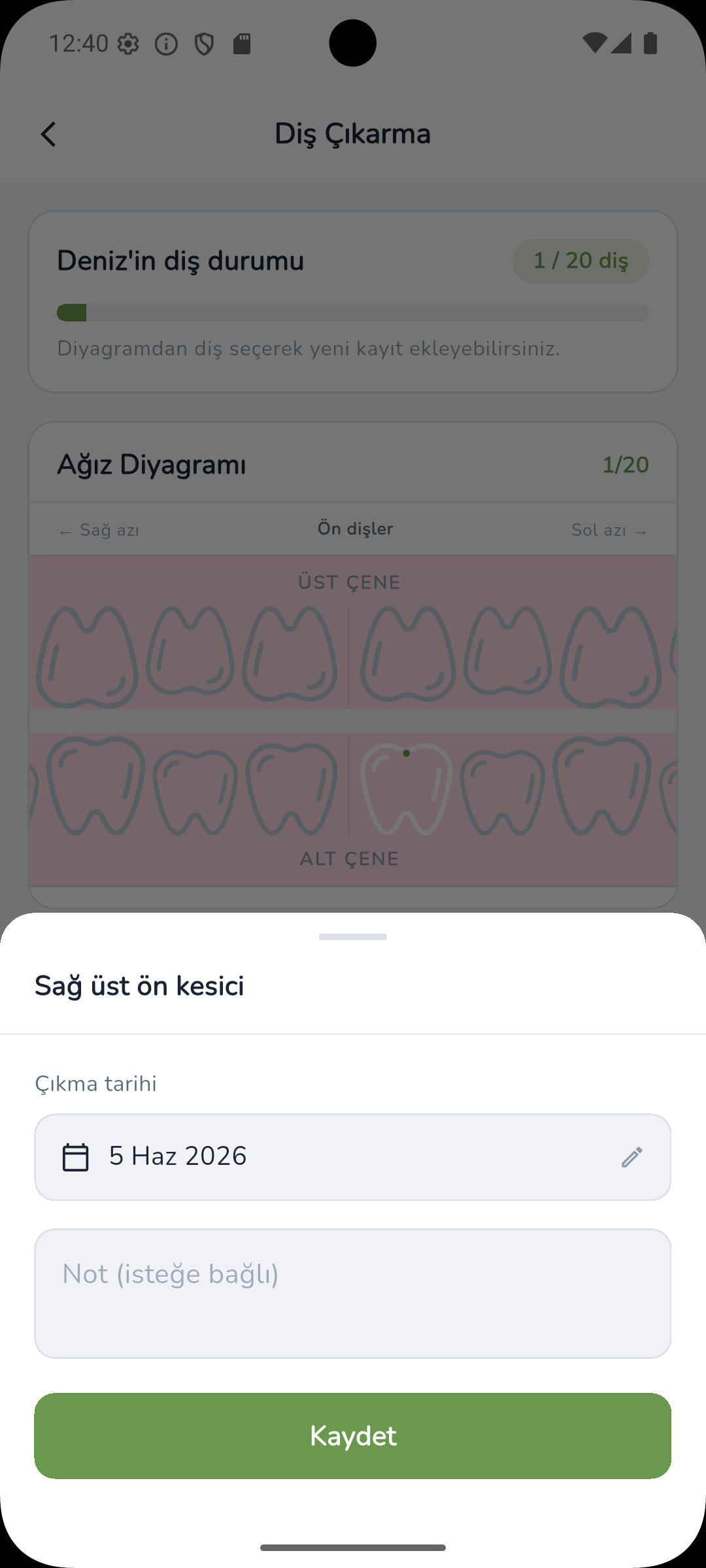 Ebeveyn uygulaması diş çıkarma kayıt ekranı
