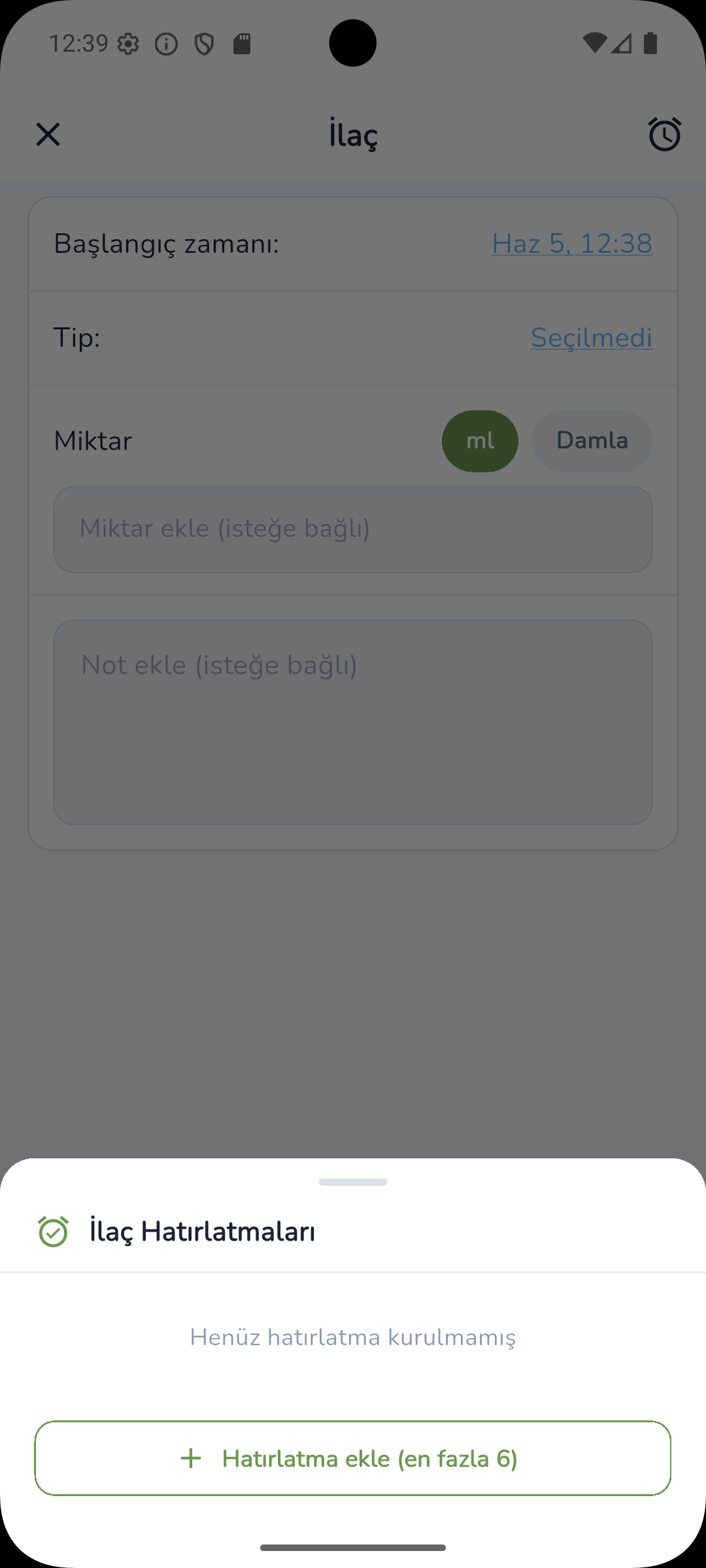 Ebeveyn uygulaması ilaç hatırlatma kurulum ekranı